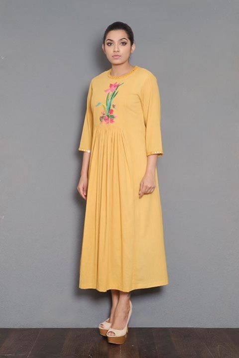 Yellow handwoven gathered dress with hand embroidered yoke
