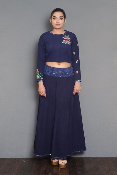 Navy blue hand embroidered skirt