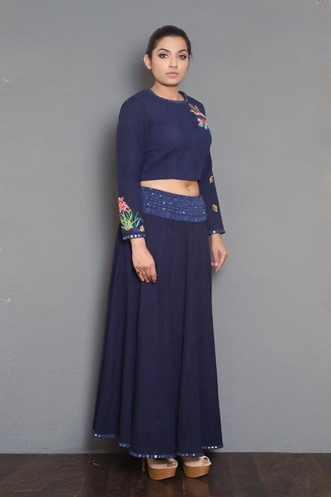 Navy Blue Handwoven embroidered crop top