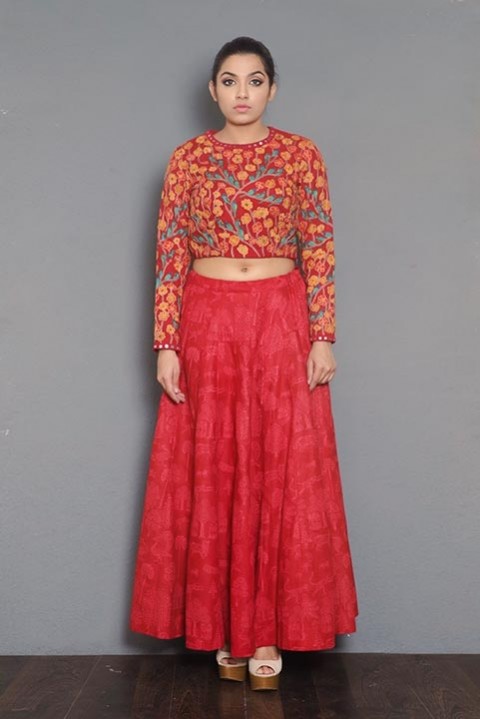 Red ahinsha silk hand embroidered crop top