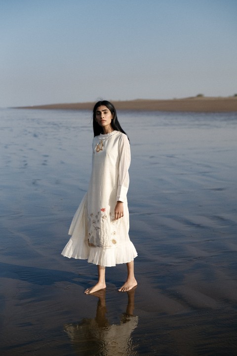 Off-white Handwoven hand embroidered layered dress with pleated neck