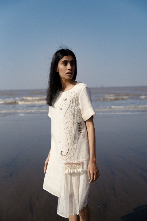 Off-white Handwoven hand Embroidered uneven dress