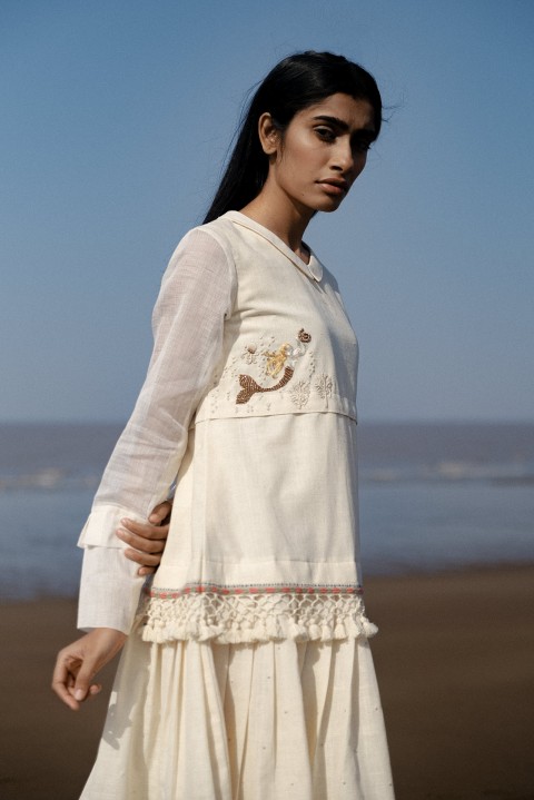 Off-white Handwoven hand embroidered pleated dress