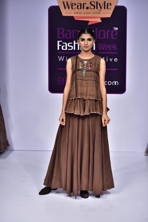 Brown Hand Embroidered two layered top with brown skirt