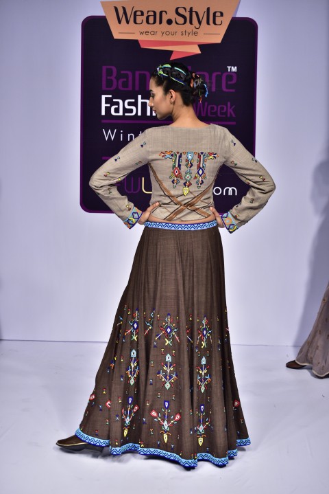 Grey Hand Embroidered top with Brown Skirt