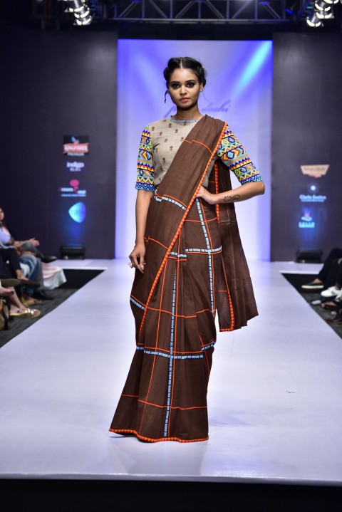 Brown Hand Embroidered Saree with Beige Checks Dress