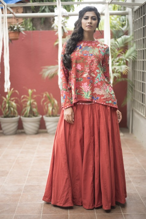 Red Handwoven hand embroidered ensemble
