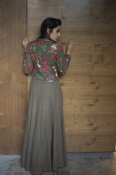 Brown Handwoven hand embroidered top and skirt