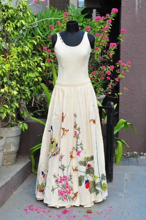Pearl White Full Length Slip Dress with Box Pleated Skirt
