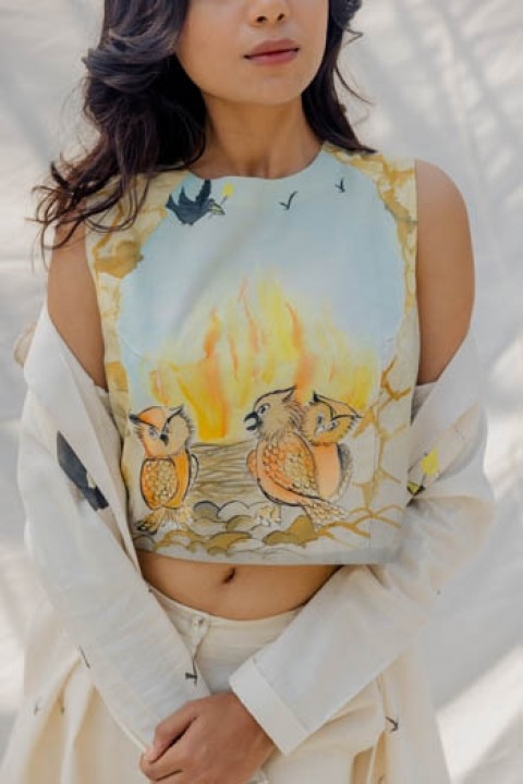War of owls and crows hand-painted crop top 