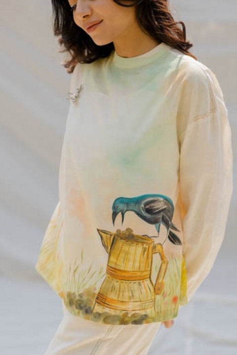 The thirsty crow hand-painted high neck drop shoulder top 
