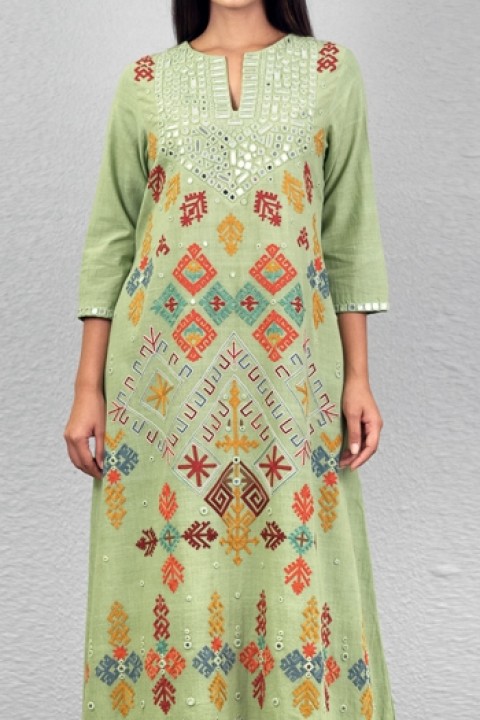 Green handwoven hand aari work mirror embroidered kurta