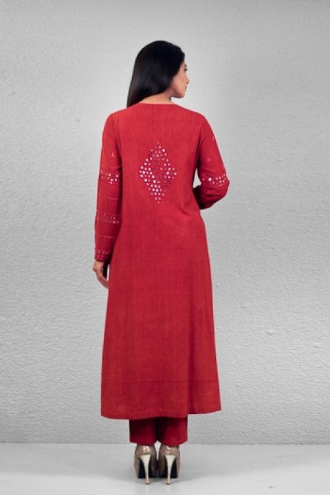 Red handwoven hand embroidered D-3 a-line kurta