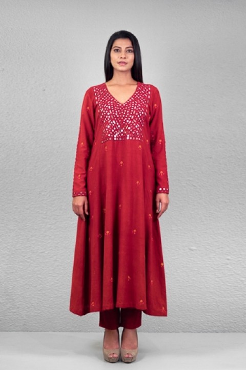 Red handwoven hand embroidered D-4 a-line kurta