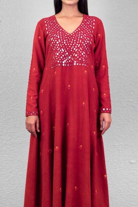 Red handwoven hand embroidered D-4 a-line kurta