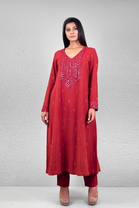 Red handwoven hand embroidered D-5 a-line kurta