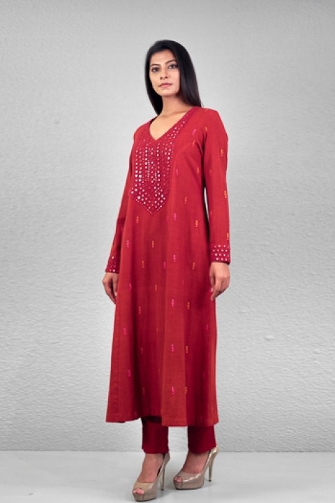 Red handwoven hand embroidered D-5 a-line kurta