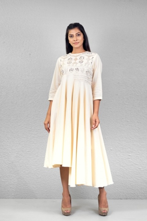 Off-white handwoven hand embroidered uneven length dress
