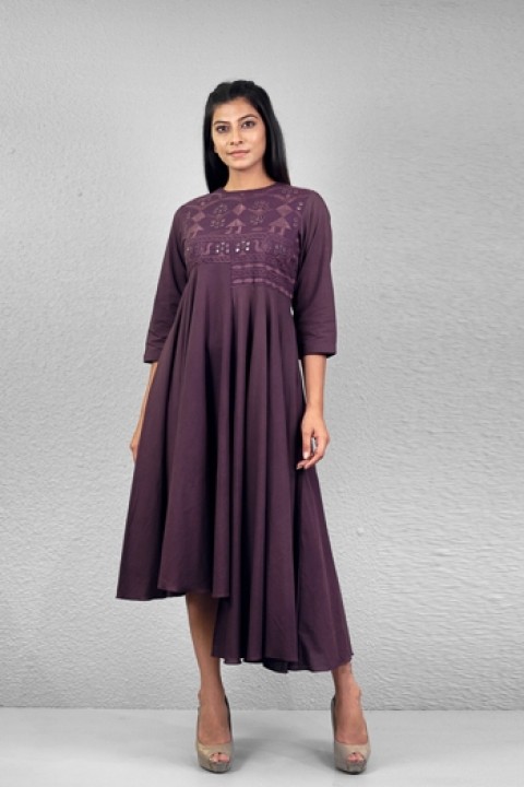 Wine handwoven hand embroidered uneven length dress