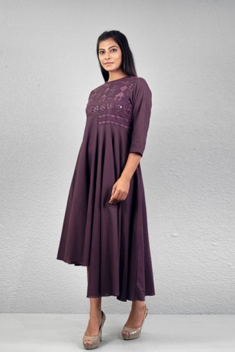 Wine handwoven hand embroidered uneven length dress