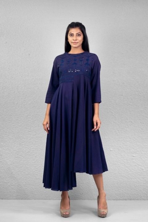 Navy blue handwoven hand embroidered uneven length dress