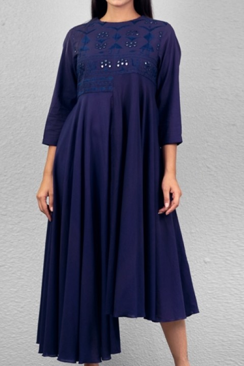 Navy blue handwoven hand embroidered uneven length dress