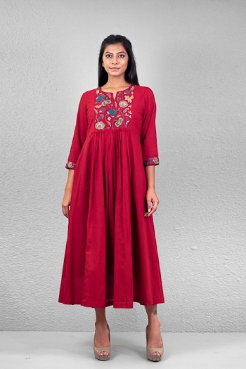 Red handwoven hand embroidered gathered tunic