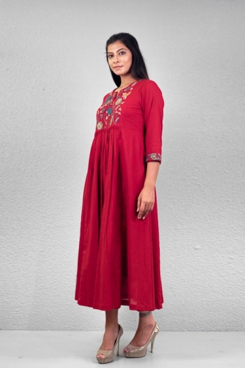 Red handwoven hand embroidered gathered tunic