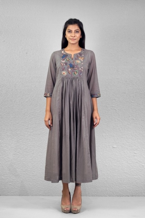Grey handwoven hand embroidered gathered tunic