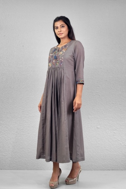 Grey handwoven hand embroidered gathered tunic