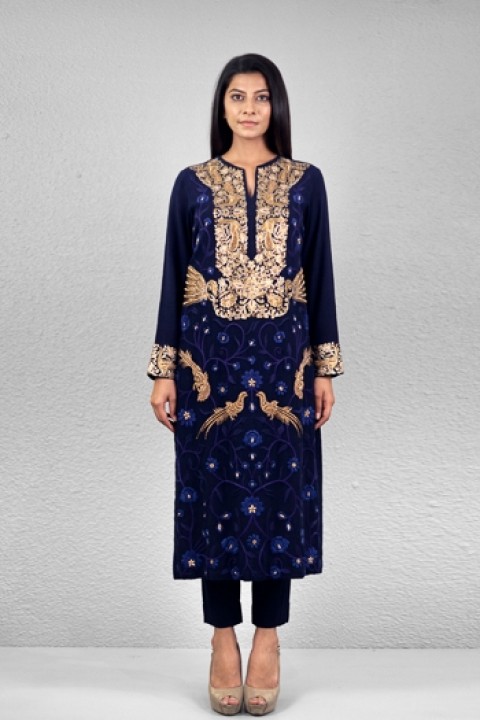 Navy blue handwoven hand embroidered tunic
