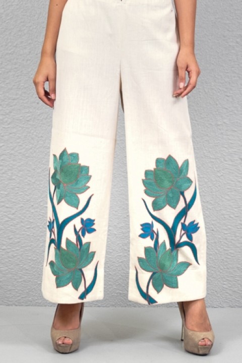 Offwhite handwoven lotus hand embroidered bottom