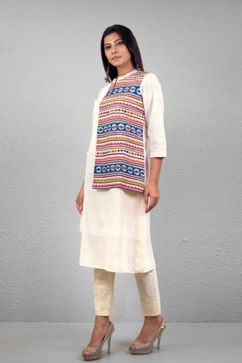 Off-white handwoven hand applique work layered tunic