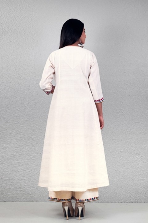 Off-white khadi handwoven hand applique work gathered tunic