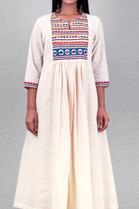 Off-white khadi handwoven hand applique work gathered tunic