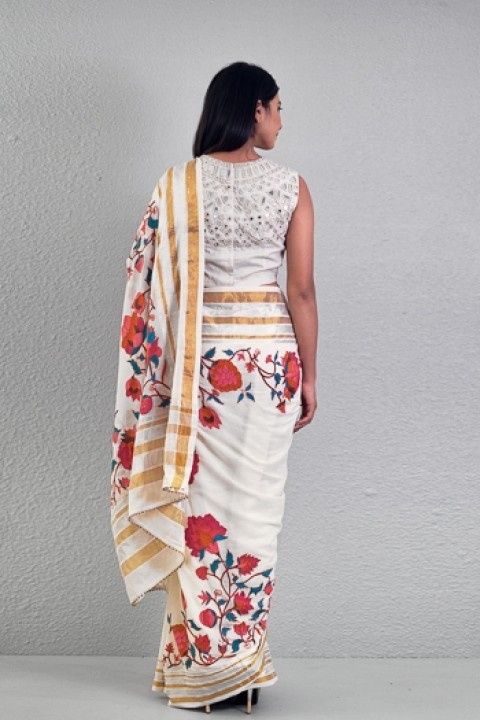 Offwhite venkatgiri floral hand embroidered saree