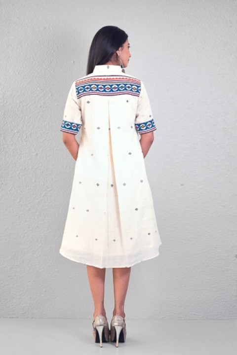 Off-white handwoven shirt dress with hand applique work on sleeves