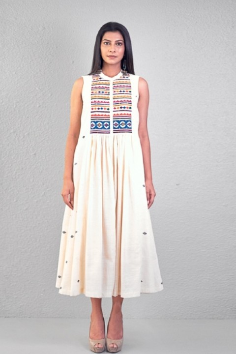 Off-white handwoven hand applique work front open dress