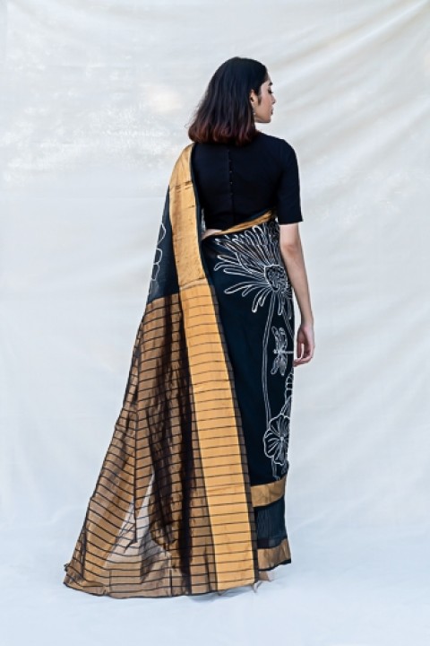 Black handwoven hand embroidered saree with zari pallu