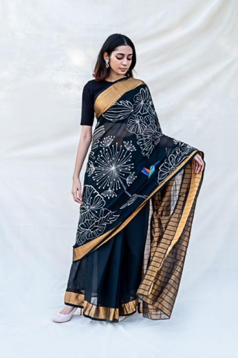 Black handwoven hand embroidered saree with zari pallu