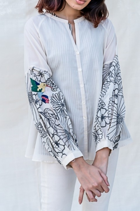 kora handwoven hand embroidered collar shirt with balloon sleeves