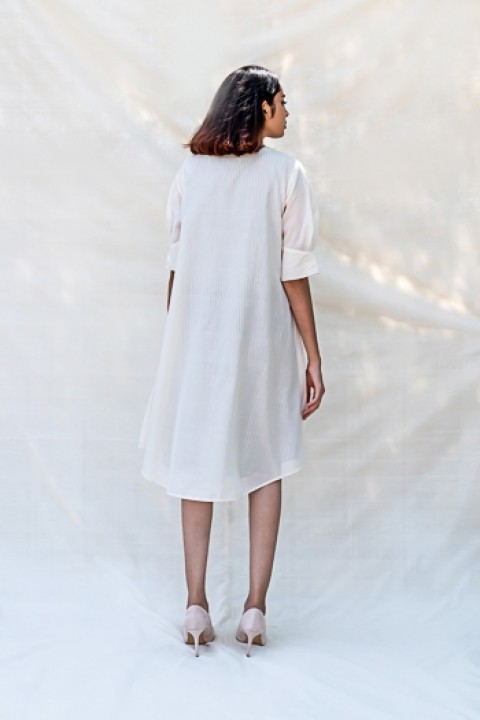 Kora handwoven hand embroidered short dress with pleated puff sleeve