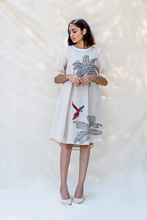 Kora handwoven hand embroidered short dress with pleated puff sleeve