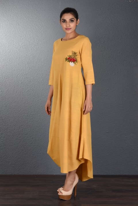 Yellow Handwoven Front Cowl Dress