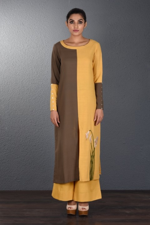 Brown-Yellow hand Embroidered Tunic
