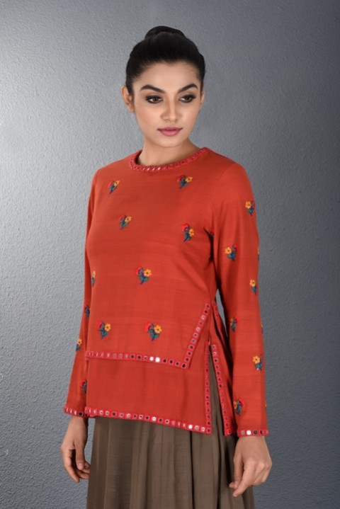 Red handwoven two layered hand embroidered top