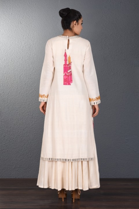 Off White Hand Aari Embroidered Two Layered Dress
