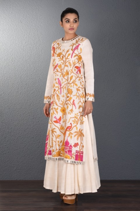 Off White Hand Aari Embroidered Two Layered Dress
