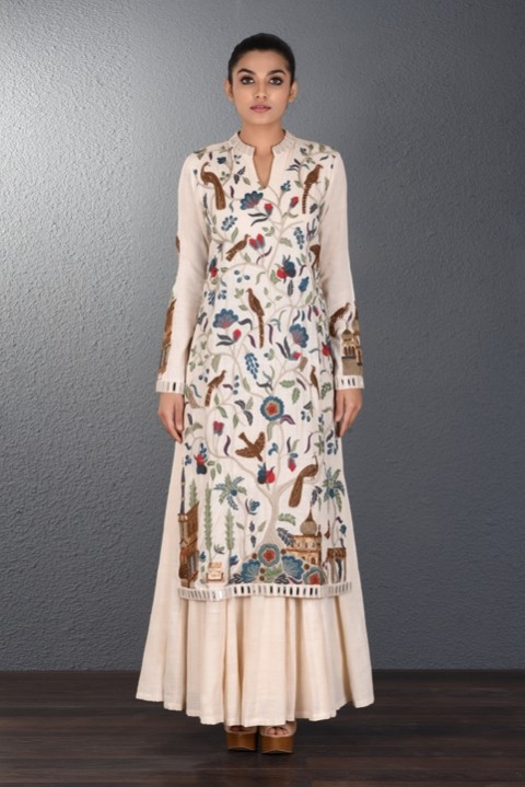 Off White Hand Embroidered Two Layered Dress