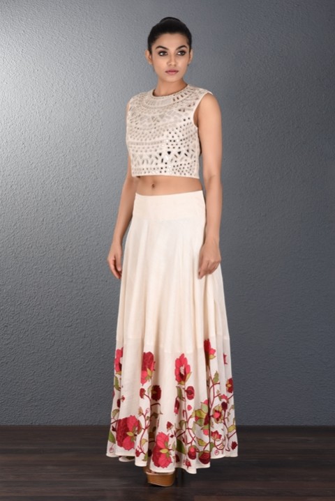 Off White Hand Aari Embroidered Skirt